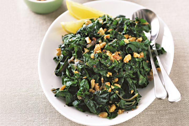 Cooking Vegetarian Silverbeet with lemon and walnuts