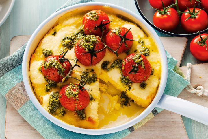 Cooking Vegetarian Skillet polenta with bocconcini and roast tomatoes