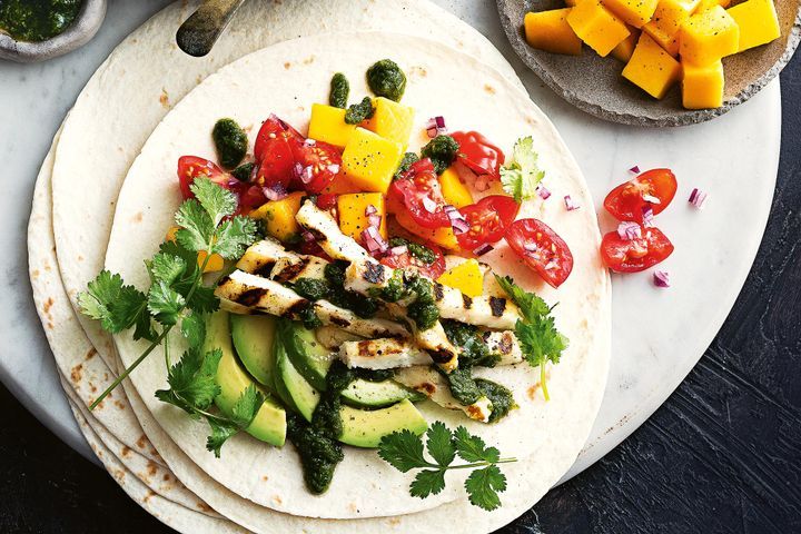 Cooking Vegetarian Soft tacos with grilled haloumi, mango and jalapeno salsa