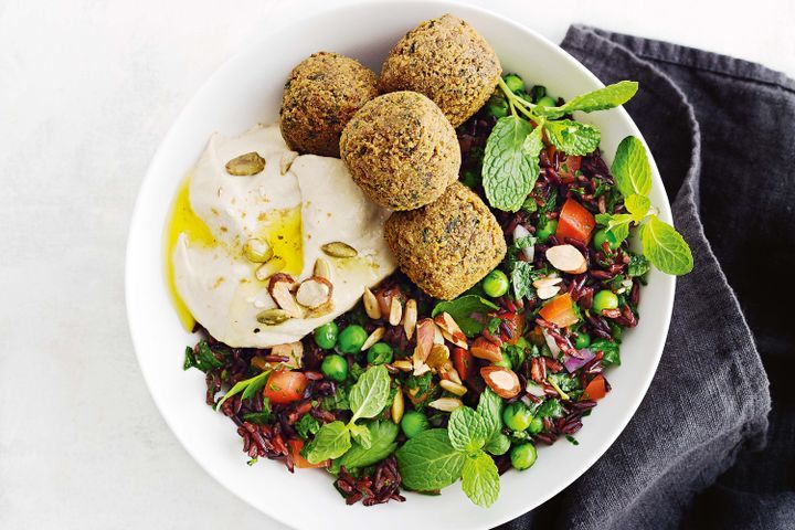 Cooking Vegetarian Speedy falafel and black rice tabouli bowl