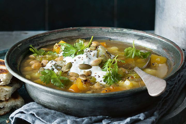 Cooking Vegetarian Spiced chickpea, quinoa and vegetable soup