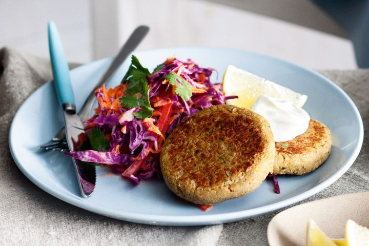 Cooking Vegetarian Spiced chickpea cakes with rainbow slaw