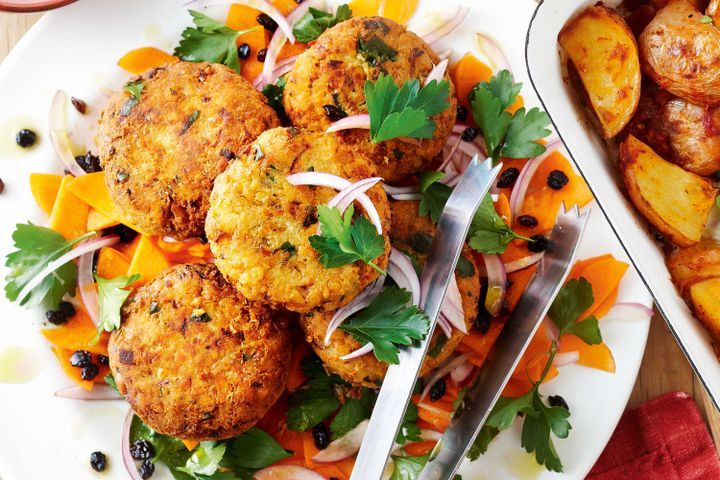Cooking Vegetarian Spiced couscous and chickpea patties with carrot salad