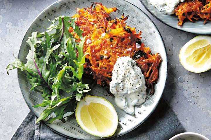 Cooking Vegetarian Spicy sweet potato and carrot fritters with kale and yoghurt dressing