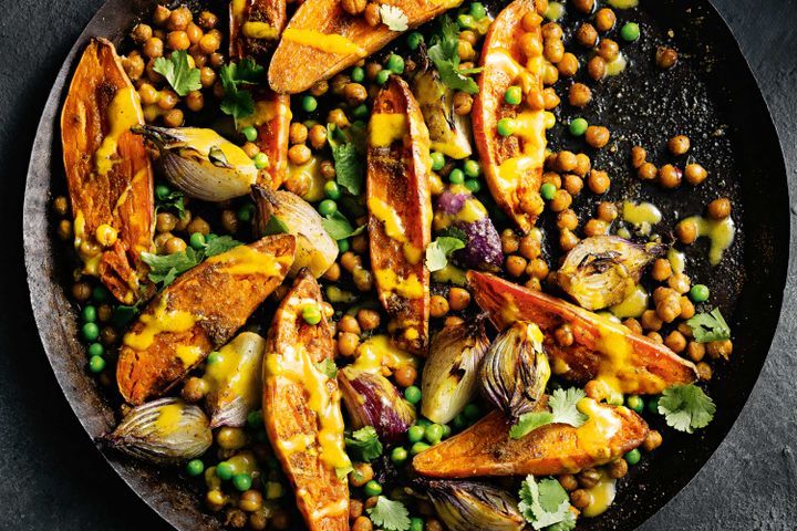 Cooking Vegetarian Spicy sweet potato and chickpea bake with lime tahini dressing