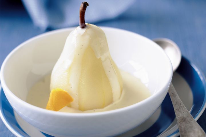 Cooking Vegetarian Stirred custard with orange and vanilla poached pears