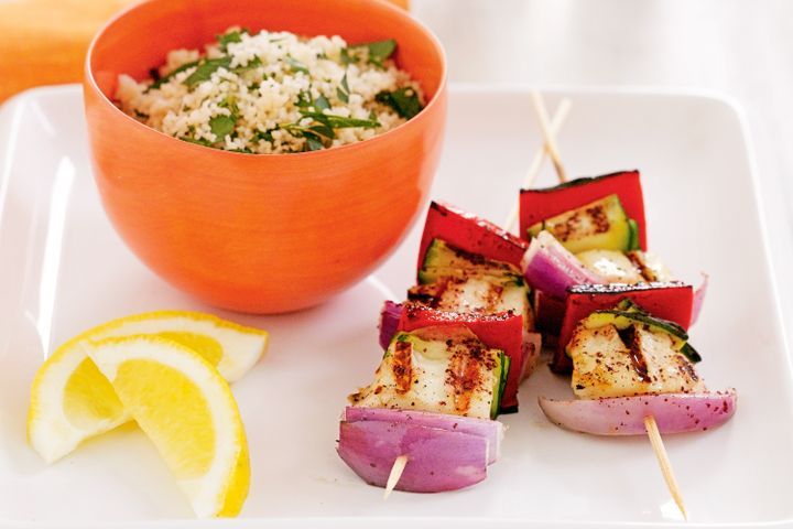 Cooking Vegetarian Sumac haloumi & vegetable skewers with couscous