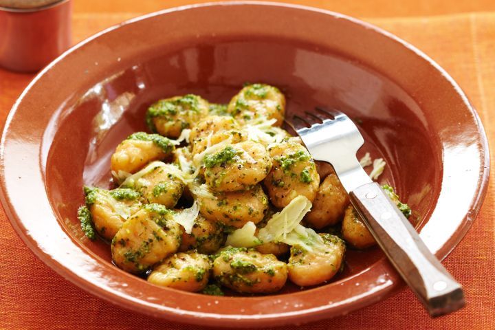 Cooking Vegetarian Sweet potato gnocchi with basil pesto