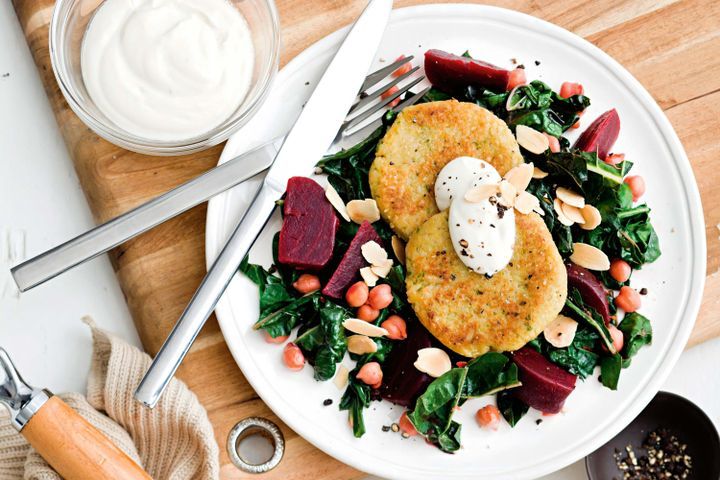 Cooking Vegetarian Tahini rice patties with sauteed silverbeet and beetroot