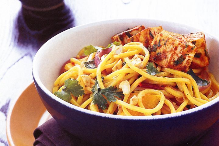 Cooking Vegetarian Tofu, roast pumpkin & red onion with spiced noodles