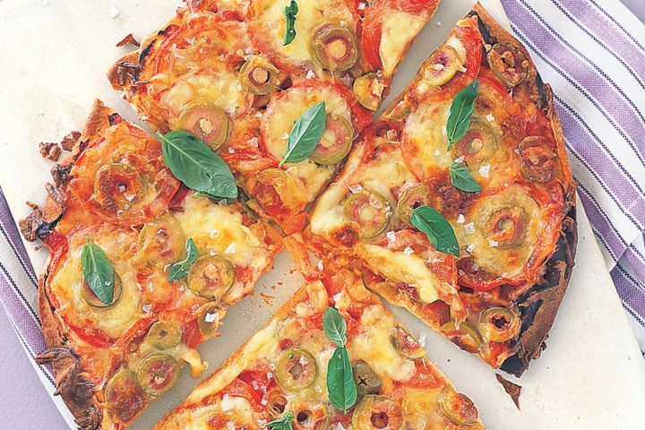 Cooking Vegetarian Tomato, olive & bocconcini pizzas