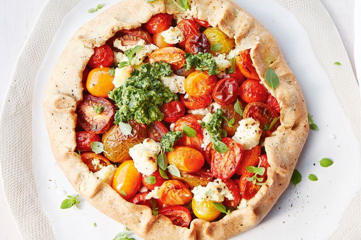 Cooking Vegetarian Tomato, ricotta and olive spelt tart with basil