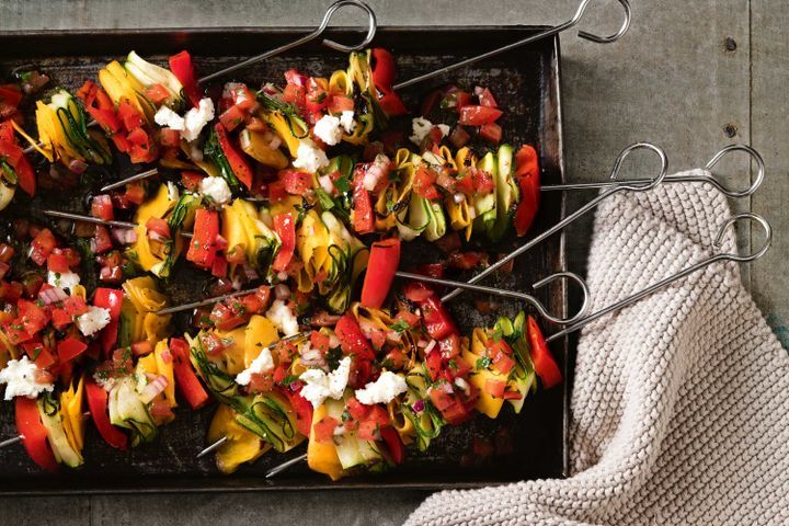 Cooking Vegetarian Vegetable ribbon skewers with tomato salsa