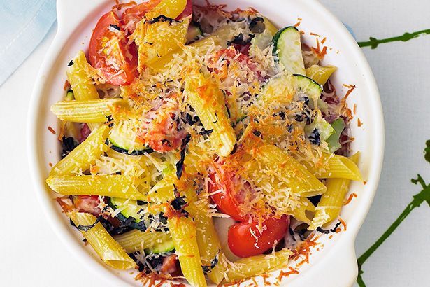 Cooking Vegetarian Zucchini, tomato and basil pasta bake