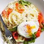 Angel hair pasta with salmon and poached eggs