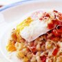 Bacon and leek risotto with poached egg