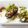 Baked eggplant with barley, feta and dill