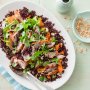 Barbecue duck salad with pickled vegetable salad and black rice
