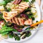 Barbecued potato and kalette salad with salmon