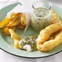 Battered fish and potato wedges with lemon tartare sauce