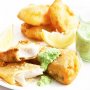 Beer-battered barra and potato scallops with minted pea mayo