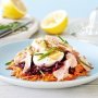 Beetroot and carrot salad with salmon and egg