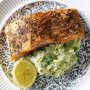 Broad bean and potato mash with spiced fish