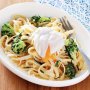 Broccoli and chive fettuccine with poached eggs