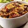 Brown rice, sausage and onion hot pot