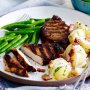 Brown sugar-glazed pork with warm potato salad