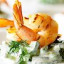 Char-grilled prawns with creamy cucumber and dill salad