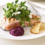 Char-grilled salmon with beetroot and walnut sauce