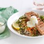 Char-grilled salmon with soba noodle slaw and wasabi mayo