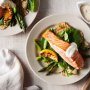 Chargrilled salmon with potato, asparagus and snowpeas