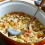 Chicken-vegetable soup with cheesy basil croutons