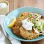 Chickpea and zucchini fritters with cucumber raita and apple salad
