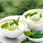 Chilled pea soup with mint gelato