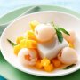Coconut pudding with lychee and mango salad