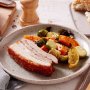Crispy salt and pepper pork belly with lemon-roasted Brussels sprouts