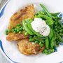 Crumbed fish with minted pea salad