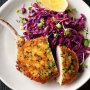 Crumbed pork cutlets with rhubarb and red cabbage