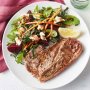Cumin and sesame lamb with silverbeet and beetroot salad