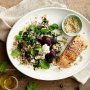 Dukkah salmon on rice and quinoa with kale and beetroot
