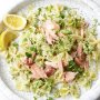 Farfalle with creamy smashed peas & smoked trout