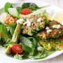 Fast pea and dill fritters with avocado salad