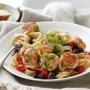Fettuccine with salmon polpette, tomatoes and olives