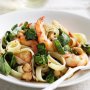 Fettucine with chilli oil, spinach, prawns and chickpeas