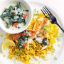 Fish with quick turmeric rice and coconut silverbeet