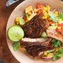 Ginger beer pork ribs with corn and avocado salad