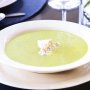 Green pea soup with roast garlic creme fraiche
